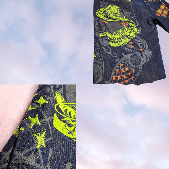 Y2k Imperious Mens Dark Black Wash AOP Baggy Colorful Embroidered Shorts 40 - Picture 4 of 6